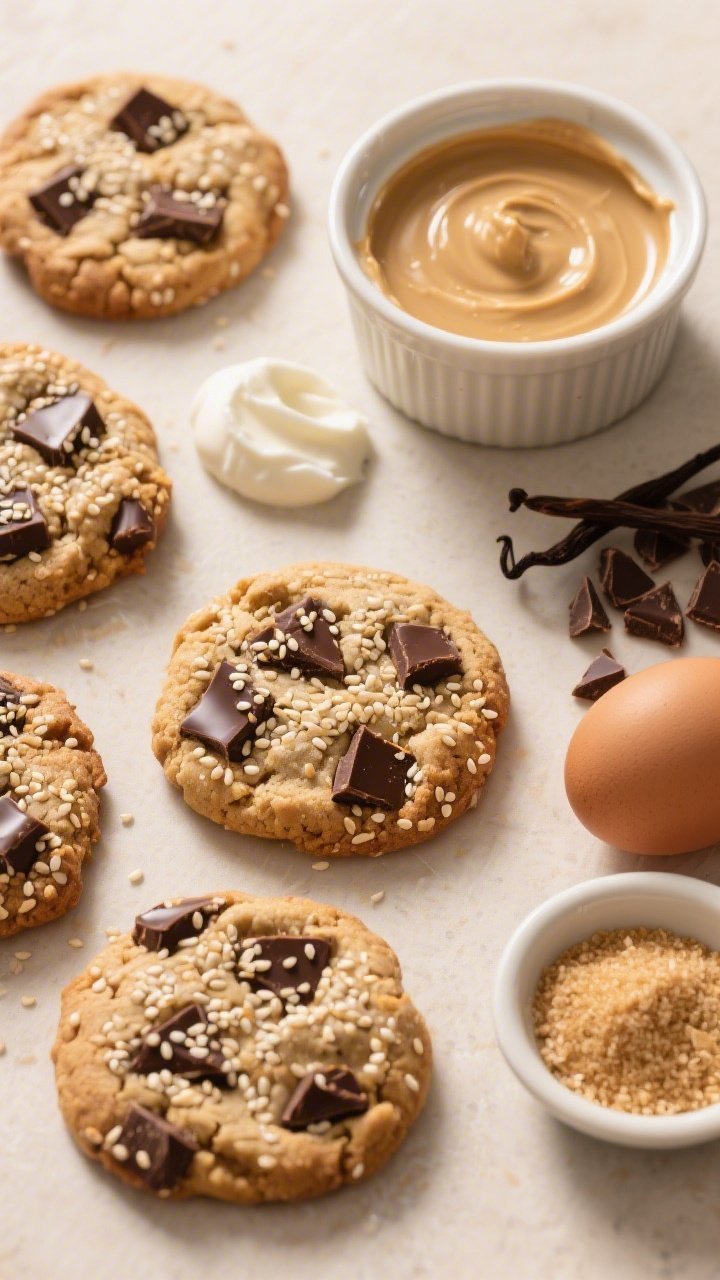 Overhead ingredient-to-final montage for Tahini Chocolate Chunk Soft-Bakes With Sesame Sparkle: cookies studded with glossy chocolate chunks, sesame seeds sprinkled on top, arranged beside mise en place—well-stirred tahini, Greek yogurt, olive oil or melted butter, light brown and granulated sugars, an egg, vanilla extract; a ramekin of sesame seeds and chopped dark chocolate; warm, nutty tones with soft shadows for a luxurious feel.