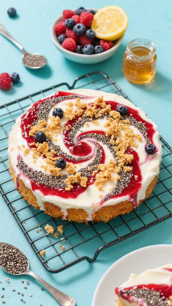 Overhead ingredient-to-finish scene: chia-jam swirl yogurt cake on a cooling rack with a dramatic marbled berry chia jam ribbon; toasty sunflower streusel scattered across the top; alongside are a bowl of thawed mixed berries, a spoonful of chia seeds, lemon wedge, and a small jar of honey; bright, colorful styling to emphasize berry reds and golden streusel.