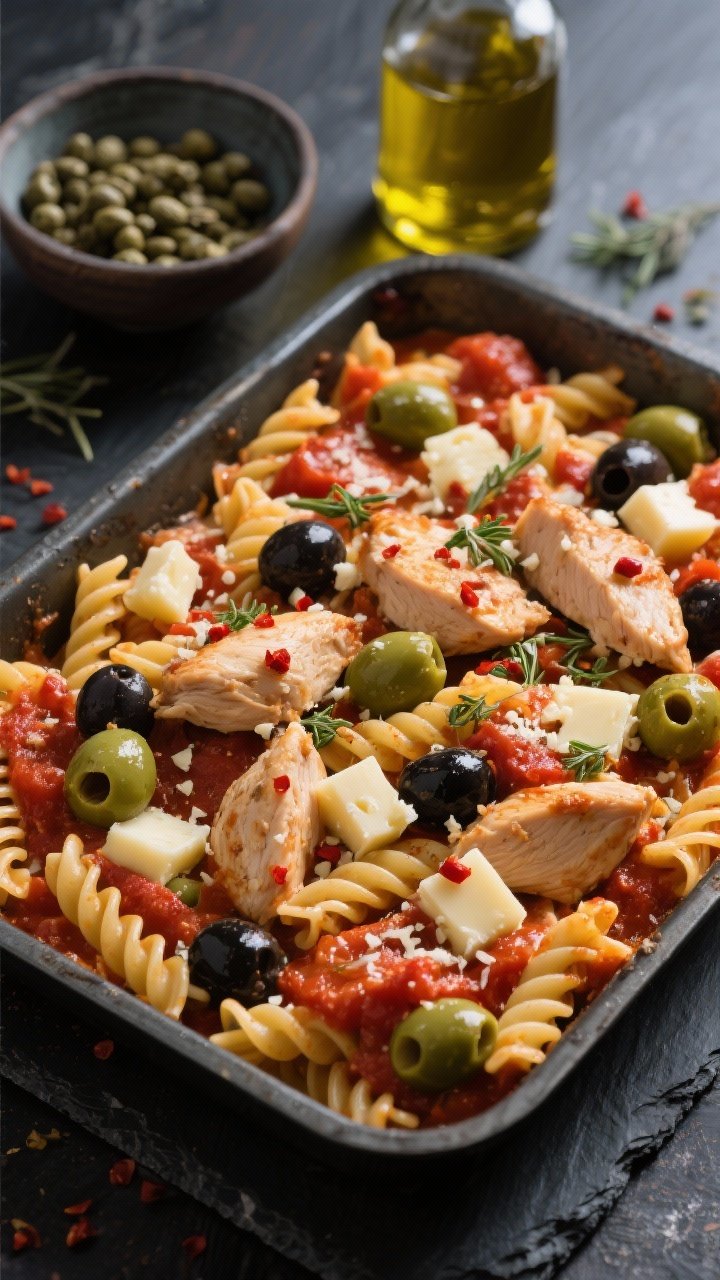 Overhead ingredient-to-oven scene for a Sicilian-inspired chicken, olive, and cheese pasta bake: par-cooked short pasta tossed with tomato sauce, chunks of chicken, green and black olives, diced provolone and caciocavallo, red pepper flakes, and oregano, ready to be baked; ingredients visible and vibrant, some cheese sprinkled on top; set on dark slate with a bowl of capers and a bottle of olive oil; dramatic directional light.