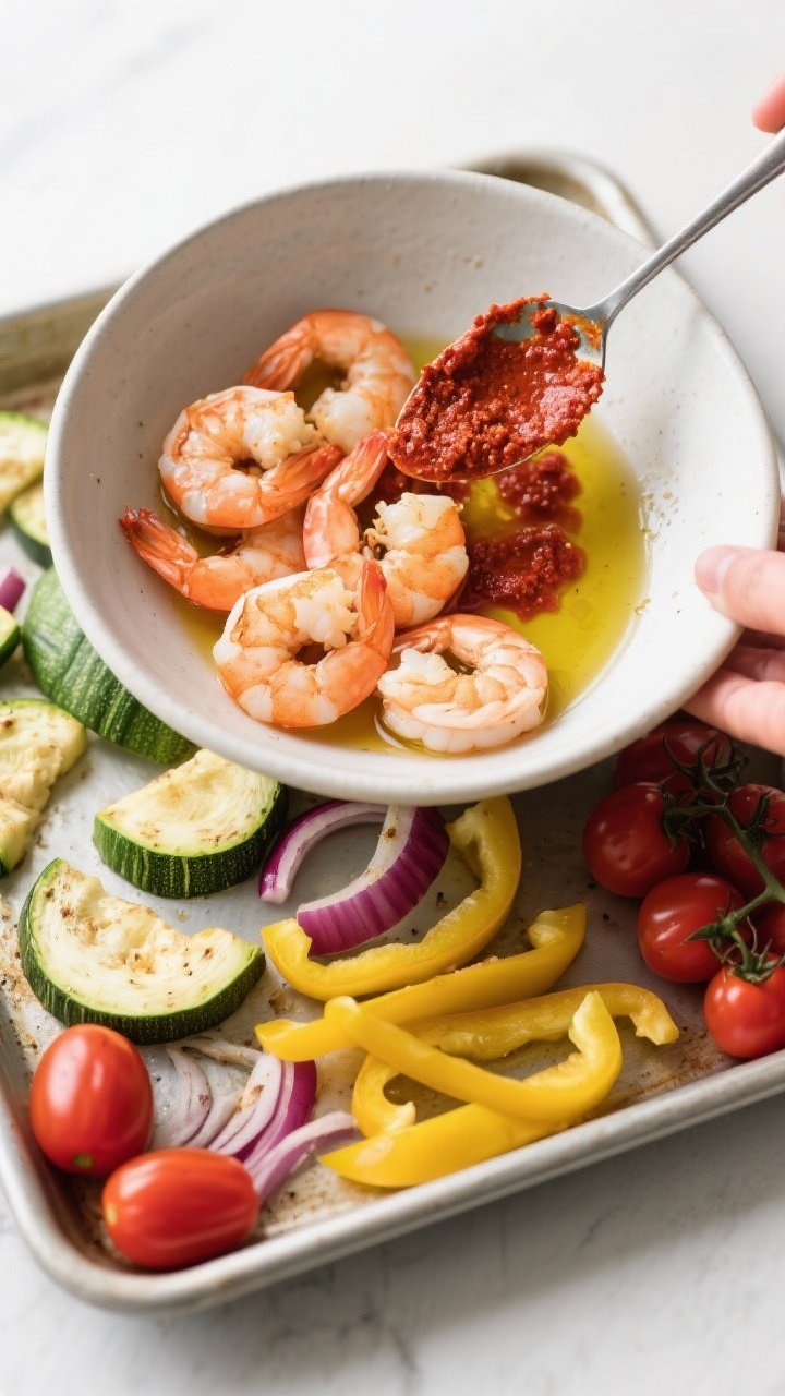 Overhead ingredient-to-pan transition: raw peeled shrimp tossed with harissa paste and olive oil in a mixing bowl alongside arranged sheet-pan veggies—zucchini half-moons, yellow bell pepper strips, red onion slices, and cherry tomatoes; spoon with harissa smears, bright red hue contrasting greens and yellows; clean light, prepping scene, no hands.