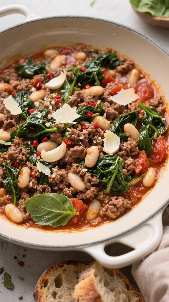 Overhead one-pan Italian scene: sautéed ground beef with white beans and wilted greens (kale or spinach) simmering in crushed tomatoes, scented with Italian seasoning and sliced garlic; flecks of crushed red pepper visible; finished with a drizzle of olive oil and shaved Parmesan; served directly in a wide enameled skillet with torn basil, rustic bread slices at the edge, cozy weeknight vibe.