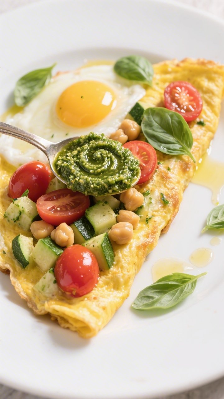Overhead plated presentation of a Garden Tomato, Zucchini, and Chickpea Omelette With Basil Pesto: sunny yellow eggs packed with diced zucchini, halved cherry tomatoes, and plump chickpeas; a generous spooned swirl of vibrant green basil pesto across the top; scattered basil leaves and a drizzle of olive oil; bright, natural light to pop reds, greens, and golds on a white plate.