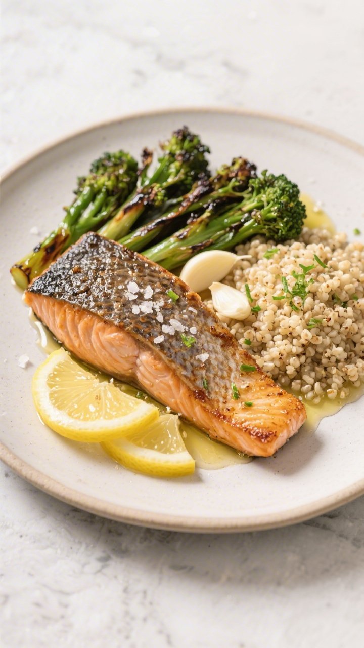Overhead plated shot: Lemon-garlic salmon fillets, skin-on and pan-seared until crispy, served alongside roasted broccolini with charred tips and a fluffy mound of quinoa. Bright lemon wheels, zest sprinkle, and a glossy garlic-olive oil drizzle over the fish. Sea salt flakes visible, neutral ceramic plate on a light stone surface, clean, fresh, Mediterranean vibe.
