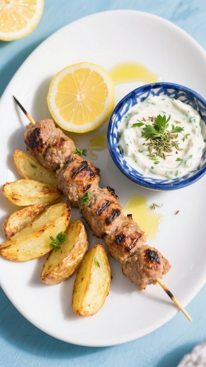 Overhead plated spread: oval turkey kofta skewers (without sticks visible) with grill-roasted look, alongside lemony roasted potato wedges; tzatziki in a small bowl, sprinkled with parsley; oregano and cumin notes implied by visible herb flecks; bright Mediterranean styling, lemon halves, olive oil drizzle, white and blue ceramics.