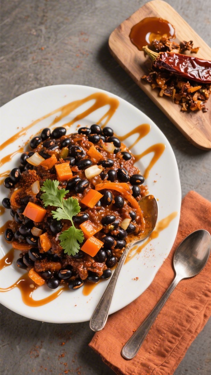 Overhead plated sweet heat maple chipotle chili with black-eyed peas: glossy black-eyed peas in a smoky-sweet chili base with orange bell pepper, onion, garlic, chili powder, cumin, and smoked paprika; maple syrup drizzle pattern visible on the surface; chipotle in adobo chopped on a small board with a smear of adobo; garnished with orange bell pepper dice and cilantro; warm-toned napkin and spoon included.