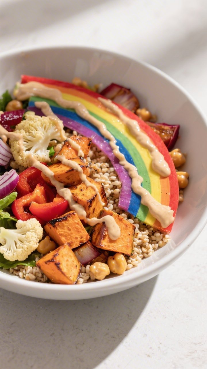Overhead rainbow bowl: Power bowl with quinoa or farro base, topped in colorful arcs—roasted sweet potato cubes, charred cauliflower florets, red bell pepper chunks, and roasted red onion wedges. A generous tahini-lemon drizzle zigzags over the produce, with a few chickpeas scattered from the can. Bright, vibrant, wellness-forward styling on a matte white bowl.
