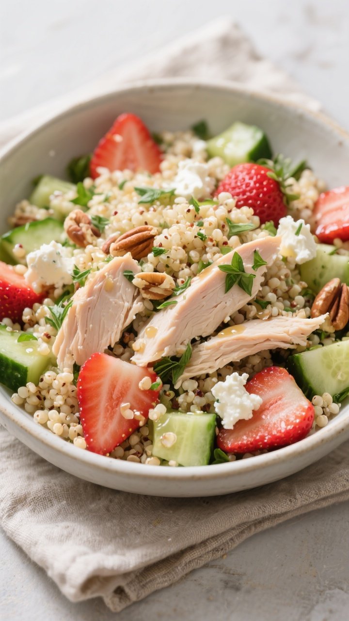 Overhead salad bowl of Herbed Quinoa, Chicken, and Strawberry Power Salad: fluffy quinoa tossed with shredded chicken breast, ruby strawberry slices, diced Persian cucumber, crumbled goat cheese, and fresh herbs. Light vinaigrette glistening, toasted nuts sprinkled for texture (subtle), served in a wide shallow bowl on a linen napkin, springtime freshness and high-protein vibe.
