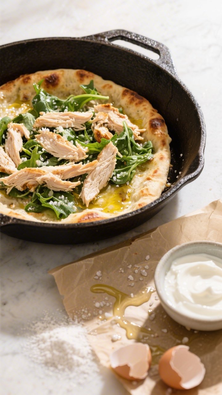 Overhead scene of a one-pan sourdough discard skillet flatbread cooking in a well-seasoned cast-iron, lightly blistered and golden, topped with shredded rotisserie-style chicken and wilted mixed greens; a small bowl of plain Greek yogurt and cracked egg nearby to hint at the batter, plus a dusting of baking powder and baking soda on a parchment square; glistening olive oil streaks and flaky salt sprinkled; bright, natural light to highlight freshness and the “weeknight one-pan” vibe.