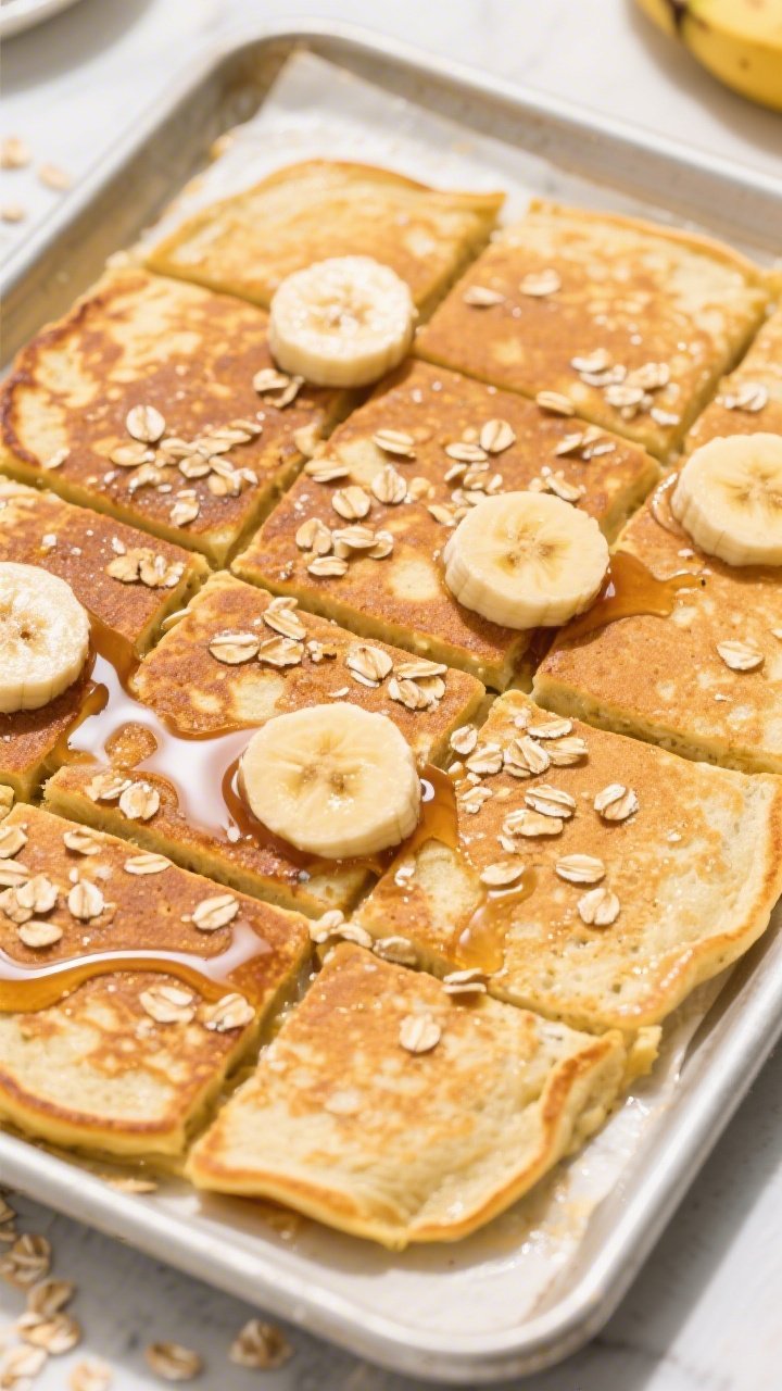 Overhead sheet pan of banana oat pancakes: an even, golden-brown slab studded with subtle oat flecks; batter made from mashed ripe bananas, eggs, milk, melted butter/coconut oil, vanilla, and blended rolled oats; clean square cuts showing tender crumb; a drizzle of maple syrup pooling in the scored lines, a few banana slices and oat sprinkles for styling; bright morning light, freezer-friendly vibe.