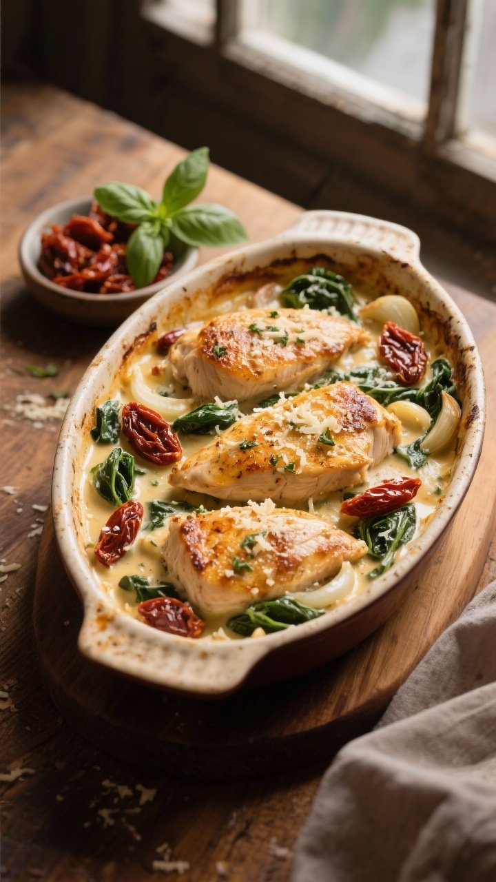 Overhead shot of a creamy Tuscan chicken bake just out of the oven: golden-bubbled cream sauce with seared chicken breasts nestled among sun-dried tomatoes, wilted spinach, sautéed garlic, and onions; flecks of Italian herbs, grated Parmesan melted on top; rustic oval casserole on a warm-toned wooden surface with a small dish of extra sun-dried tomatoes and fresh basil leaves; soft natural window light, moody, inviting.