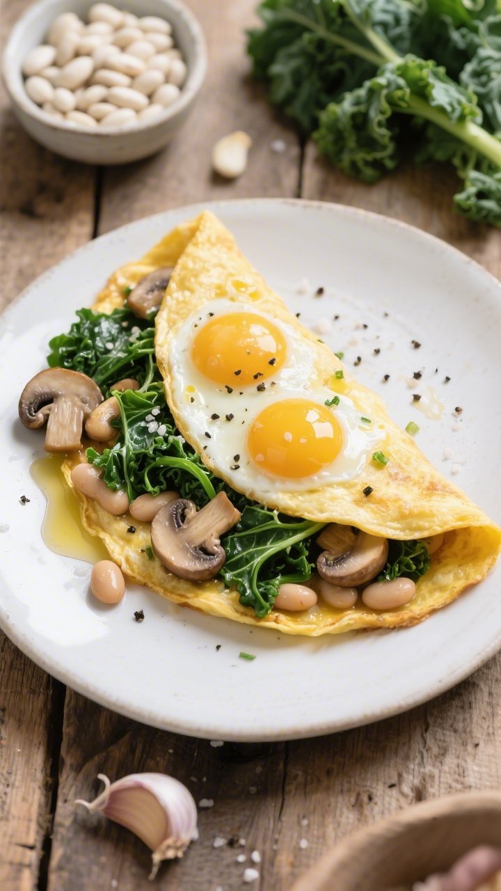 Overhead shot of a folded Farmers’ Market Power Omelette on a matte white plate: golden eggs stuffed with bright green lacinato kale ribbons, sautéed cremini mushrooms, and creamy cannellini beans, flecks of minced garlic visible, a glossy olive oil sheen, sprinkled with cracked black pepper and sea salt; styled on a rustic wood surface with a small bowl of white beans, loose kale leaves, and a garlic clove scattered for context, soft morning light for a market-fresh vibe.