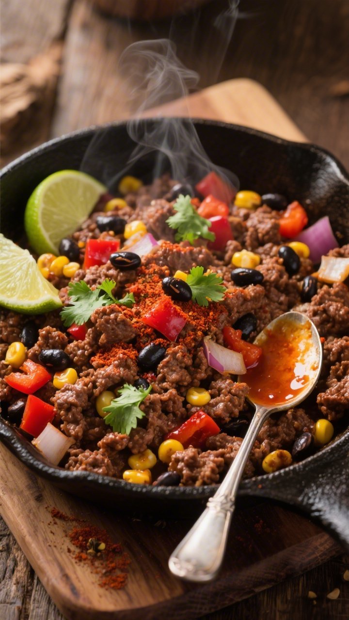 Overhead shot of a sizzling Tex-Mex ground beef skillet in a cast-iron pan: browned 90% lean beef with black beans, corn kernels, diced red bell pepper, onions, and minced garlic, dusted with chili powder and ground cumin, garnished with lime wedges and cilantro; warm, rustic styling on a wooden board with a spoon trailing saucy juices; vibrant reds, yellows, and charred browns, steam visible, no people.