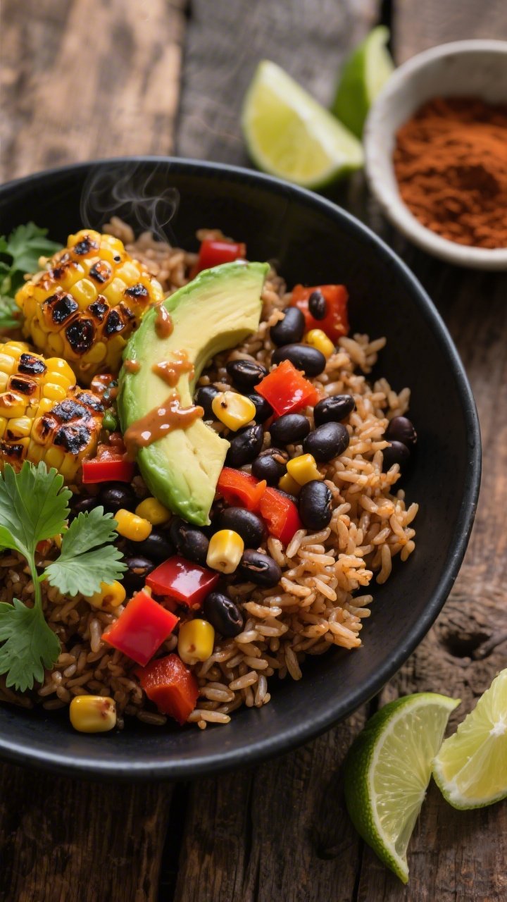 Overhead shot of a smoky chipotle black bean power bowl: fluffy brown rice cooked in vegetable broth as the base, topped with charred corn kernels, black beans, diced red bell pepper, and avocado slices, finished with a drizzle of chipotle-lime sauce and a sprinkle of cilantro; styled in a matte black bowl on a rustic wood surface with lime wedges and a small bowl of chipotle powder nearby, natural side light emphasizing the char and steam.