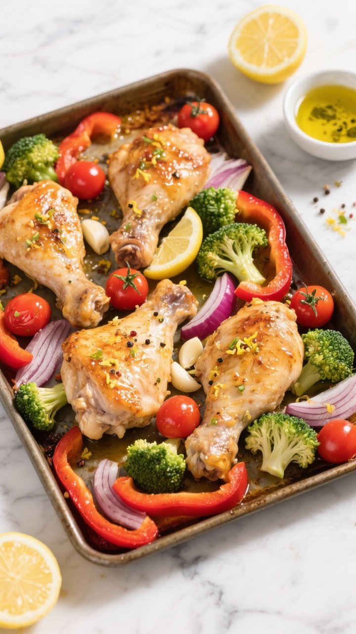 Overhead shot of a vibrant sheet pan of lemon-garlic chicken thighs with sliced red bell pepper, red onion wedges, broccoli florets, and cherry tomatoes; glossy olive oil sheen, visible lemon zest and juice glistening on the chicken, sprinkled minced garlic and cracked pepper; bright, sunny styling on a light marble surface with lemon halves and a small bowl of olive oil and zest nearby; crisp edges, warm daylight, no people.