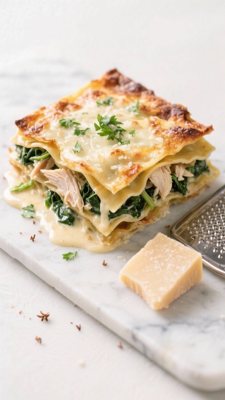 Overhead shot of baked chicken Alfredo lasagna with spinach: neatly cut square showing visible strata—silky Alfredo sauce, shredded chicken, sautéed spinach, lasagna sheets, and a browned mozzarella-Parmesan top; creamy sauce pooling slightly at the base, nutmeg flecks; garnished with chopped parsley; placed on a marble slab with a microplane and wedge of Parmesan; bright studio lighting.