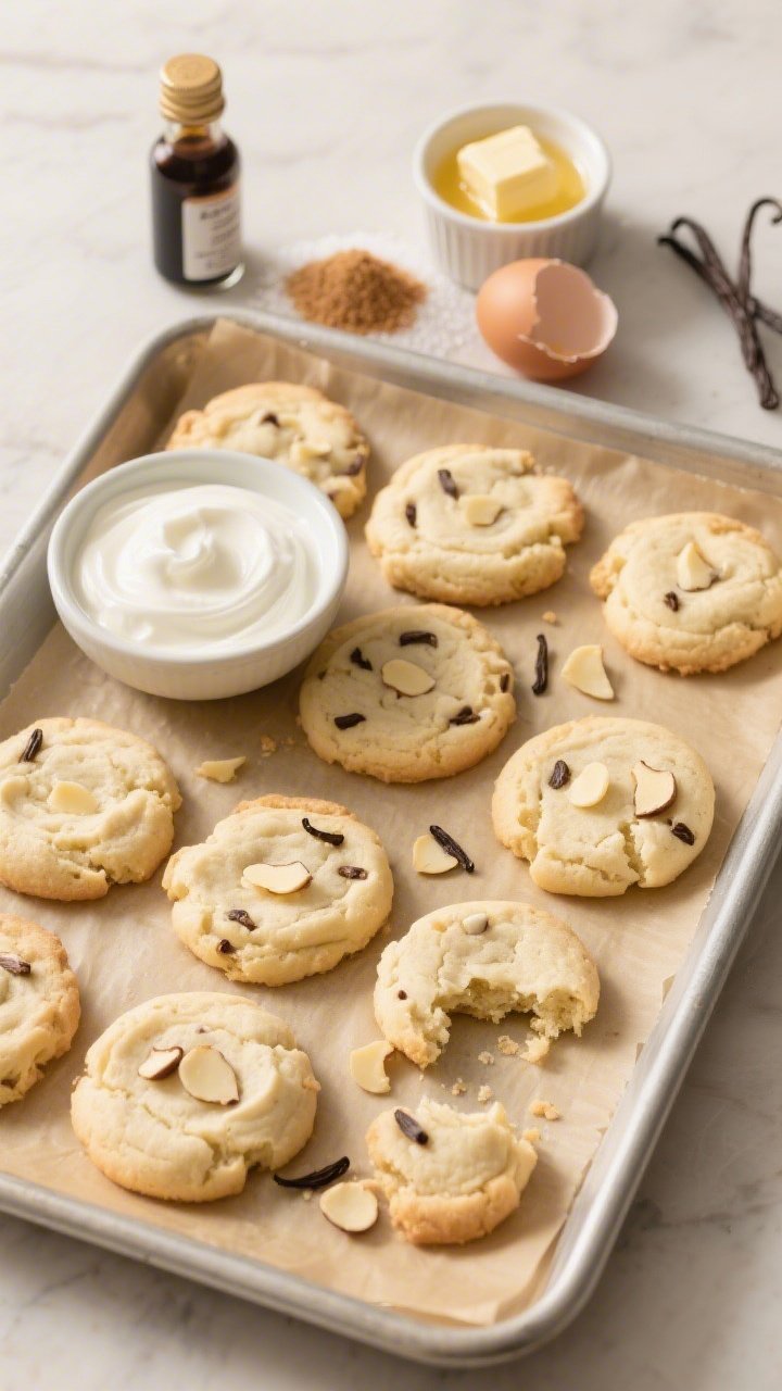 Overhead shot of Classic Vanilla Chip Clouds: a tray of soft, pale-golden cookies studded with vanilla chips, still on parchment-lined baking sheet; a small bowl of plain nonfat Greek yogurt, a ramekin of melted unsalted butter, light brown sugar and granulated sugar mounds, one cracked egg, and a bottle of pure vanilla extract styled around; warm, diffused light highlighting chewy interiors with a few broken cookies showing tender crumb.