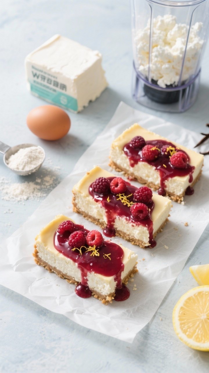 Overhead shot of cottage cheese blender cheesecake bars sliced cleanly on parchment, topped with a vivid berry glaze that gently drips over edges; prop the blender jar with traces of low-fat cottage cheese and light cream cheese nearby, vanilla whey protein powder scoop, monk fruit sweetener, two eggs, and lemon zest; cool-toned backdrop, minimal crumbs, sharp textures.