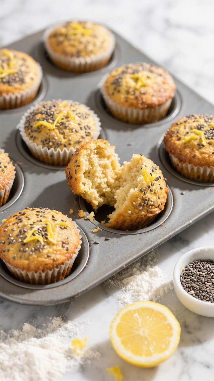 Overhead shot of crispy-edged chia–lemon breakfast muffins cooling in a muffin tin on a marble surface, golden tops studded with visible chia seeds and flecks of finely grated lemon zest; one muffin torn open to reveal moist crumb; small bowls of chia seeds, lemon halves and zest, and a dusting of flour nearby; bright morning light, clean minimalist styling, high contrast to emphasize texture.