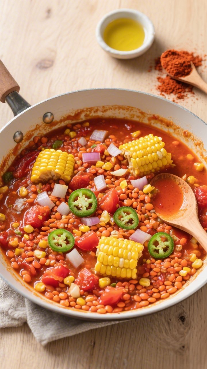 Overhead shot of red lentil sweet corn chili in a coconut-tomato broth simmering in a wide sauté pan: visible softened red lentils, bright yellow corn, diced onion, jalapeño rings, minced garlic, tomato paste streaks melding into a sunset-orange broth; chili powder sprinkled on a nearby pinch dish; a small dish of coconut oil and a wooden spoon with red-tinted broth; vibrant, cozy styling on a light wood surface.