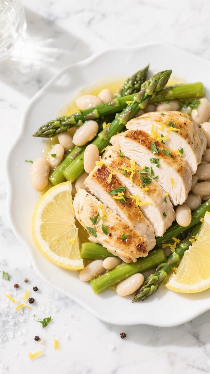 Overhead shot of Zesty Lemon-Herb Chicken with Asparagus and White Beans: sliced, seared boneless chicken breasts on a white ceramic platter, nestled with bright green asparagus spears and creamy cannellini beans, glistening with olive oil and fresh herbs. Lemon zest confetti and lemon wedges scattered around, light drizzle of pan juices, cracked pepper, and sea salt on a sunlit marble surface, airy spring mood.