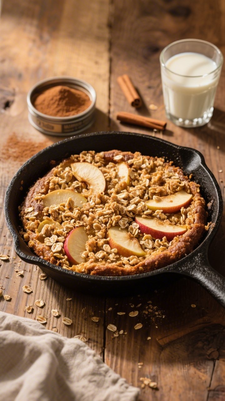 Overhead skillet scene: apple bran cake baked in a black cast-iron pan, topped with a cinnamon crumble that’s chunky and golden; visible wheat bran flecks, tender apple slices peeking through; a pour of buttermilk in a glass nearby, a dusting of ground cinnamon and baking powder tins in frame; warm, cozy afternoon light on a wooden table.