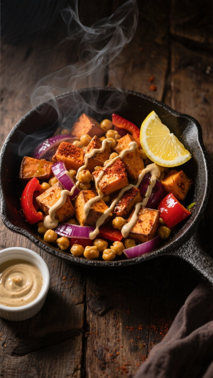 Overhead skillet shot: a cast-iron pan filled with cubed roasted sweet potatoes, sliced red onion and red bell pepper, and golden chickpeas dusted with smoked paprika, all glistening with olive oil; a generous lemon-tahini drizzle zigzags over the top, lemon wedges and extra tahini in a ramekin nearby; warm, moody lighting, rustic wood surface, steam faintly rising.