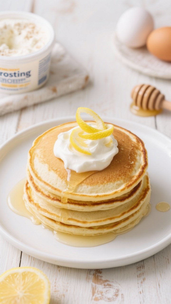 Overhead stack of lemon ricotta protein pancakes on a white plate, golden edges, topped with a swoop of tangy yogurt “frosting,” lemon zest curls, and a drizzle of honey; ingredient cues around: part-skim ricotta tub, oat flour, vanilla/unflavored protein powder, eggs, baking powder/soda; bright citrus-forward palette on light wood.