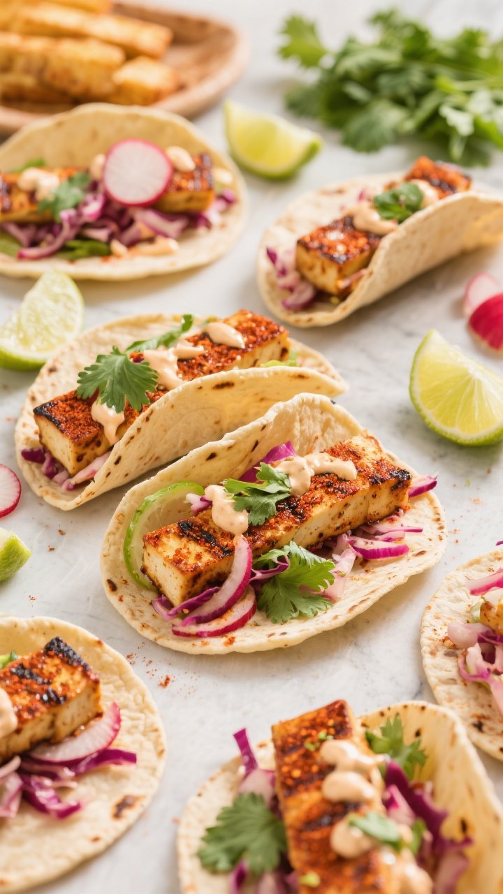 Overhead taco assembly shot of Chili-Lime Grilled Tofu Tacos with Radish Slaw: charred tofu strips brushed with chili powder, smoked paprika, cumin, lime zest and juice, tucked into warm small tortillas. Vibrant radish slaw piled high, cilantro leaves, lime wedges, and a light crema drizzle. Ingredients arranged in a casual spread, colorful, lively, no people.