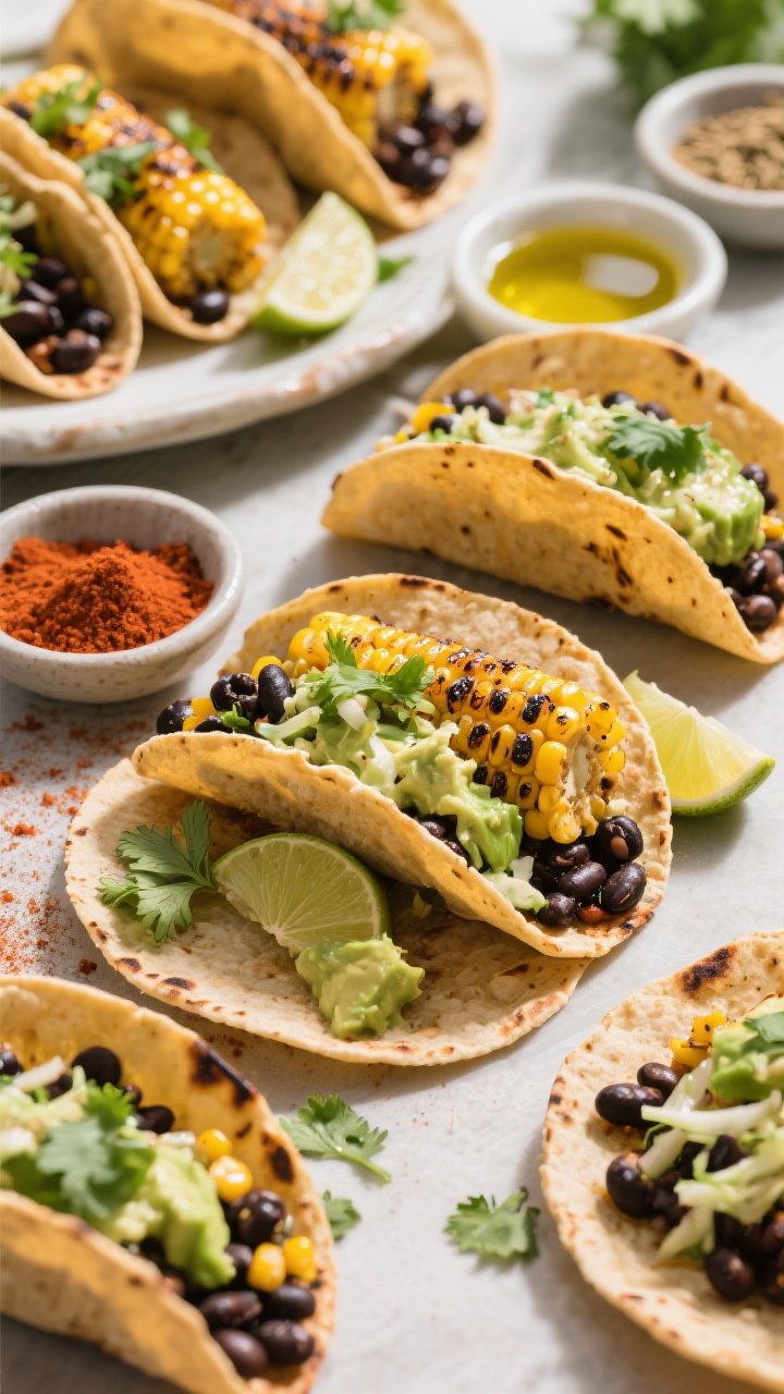 Overhead taco spread: charred corn and black bean tacos on warm corn tortillas, filled with chili powder, cumin, and smoked paprika-seasoned corn, black beans, and a creamy avocado-lime slaw; sprinkled with extra cilantro and a squeeze of lime; small bowls of spices (chili powder, cumin) and olive oil nearby; vibrant, street-food energy with bright daylight.