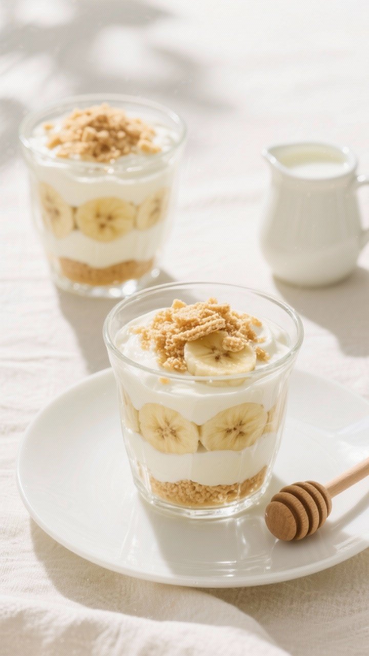 Plated parfaits at 45 degrees: clear tumblers layered with creamy protein banana pudding (Greek yogurt + vanilla protein + instant vanilla pudding mix), thin banana slices between layers, milk-honey sweetness, topped with crunchy vanilla wafer crumbs; a honey dipper and small pitcher of milk in the scene, bright morning light, pale linen for a brunch vibe.