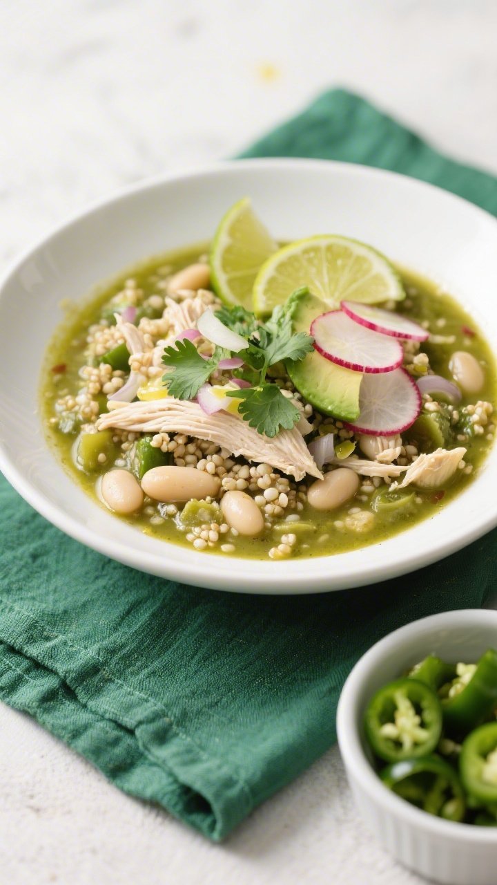 Plated white bean chicken chili verde with quinoa in a wide white bowl at 45 degrees: tender shredded chicken, creamy white beans, and pearled quinoa in a tomatillo- and poblano-forward green broth; flecks of onion and minced garlic, cilantro sprigs, diced avocado, and thin radish slices on top; lime wedges on the rim; drizzle of olive oil; bright, fresh, Southwest vibe with a green linen napkin and a small bowl of chopped poblanos on the side.