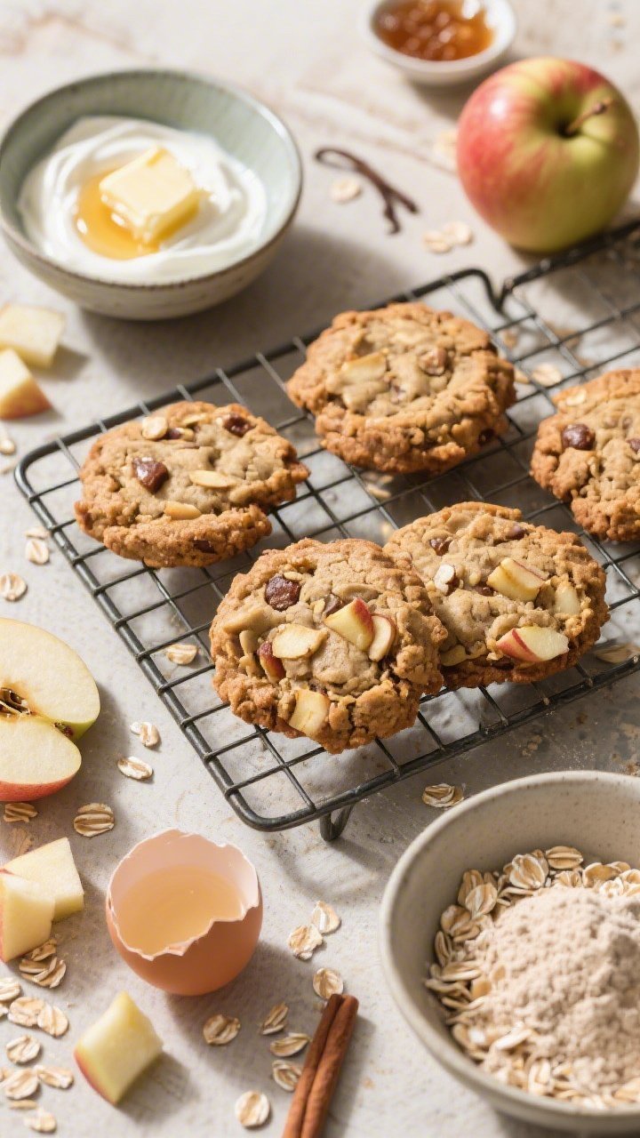 Rustic overhead of Apple Pie Breakfast Cookies: hearty oat-and-apple studded cookies cooling on a wire rack; bowls of Greek yogurt, melted unsalted butter, maple syrup, a cracked egg, vanilla, old-fashioned oats, and whole wheat flour surrounding; diced apple pieces and a touch of cinnamon scattered for context; natural morning light, breakfast vibe.