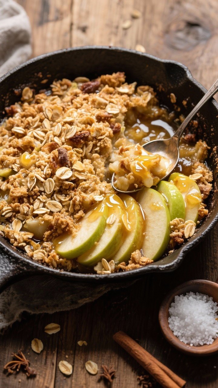 Rustic overhead skillet of baked apple crisp protein dessert: sliced Honeycrisp/Granny Smith apples glossy with lemon juice, maple syrup, cinnamon, nutmeg, and cornstarch beneath a golden oat–almond crumble; a pinch bowl of salt nearby; served with a spoon digging in to show syrupy apples and crunchy topping; cast-iron on a wooden table.