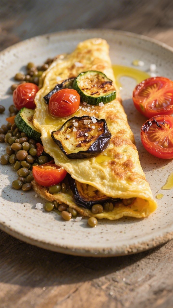 Rustic plated shot of a Roasted Veggie Ratatouille Omelette With Lentils at a 45-degree angle: thick omelette stuffed with caramelized roasted zucchini and eggplant, burst cherry tomatoes, and earthy green/brown lentils; a light brush of olive oil and a pinch of sea salt over the top; served on a stoneware plate with a side of roasted tomato halves; warm, late-afternoon light to emphasize roasted textures.