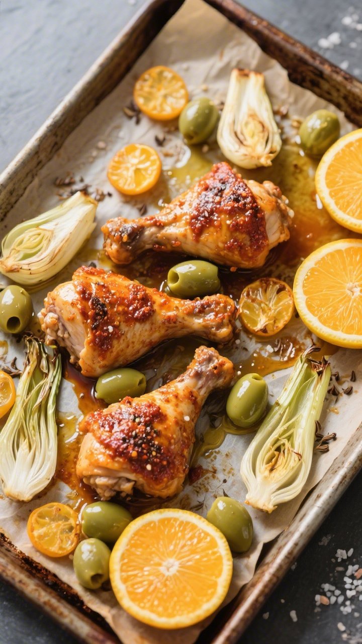 Sheet-pan overhead: Harissa-brushed chicken thighs, skin blistered and caramelized with honey, surrounded by roasted fennel wedges, mixed citrus rounds (orange/lemon), and briny green olives. Cumin and sea salt crust visible; olive oil pooling in the pan. Rustic baking sheet set on parchment, bold North African heat meets citrus brightness.