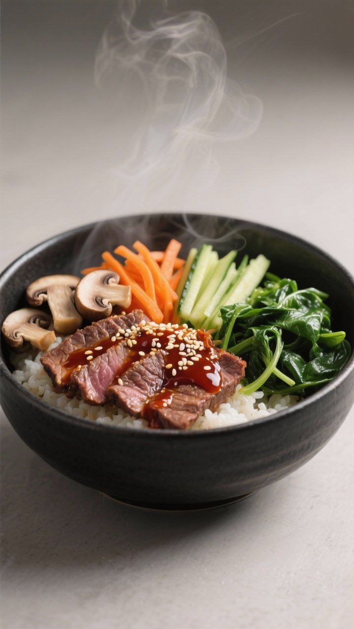 Straight-on bibimbap-style bowl composition: thinly sliced seared beef, sautéed mushrooms, carrot ribbons, zucchini matchsticks, and wilted baby spinach arranged in neat sections over rice; glossy gochujang drizzle on top with sesame seeds; vibrant contrast, steam rising, minimalist dark bowl on neutral backdrop, modern Korean-inspired presentation.