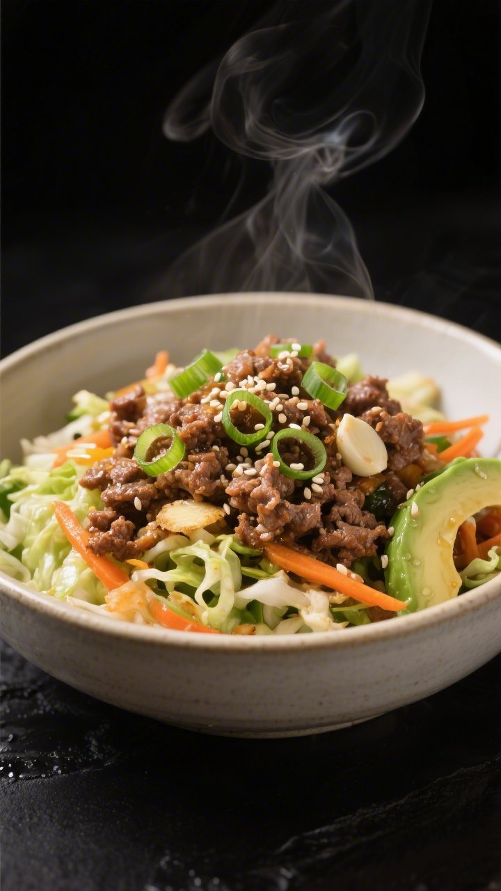 Straight-on bowl shot of “egg roll in a bowl”: crumbled ground beef stir-fried with finely chopped onion, minced garlic, and fresh grated ginger, tossed with a colorful coleslaw mix (shredded cabbage and carrots), glistening from avocado/olive oil; garnished with thin green onion rounds and a sprinkle of sesame seeds; light steam rising, neutral ceramic bowl on a matte black surface for contrast.