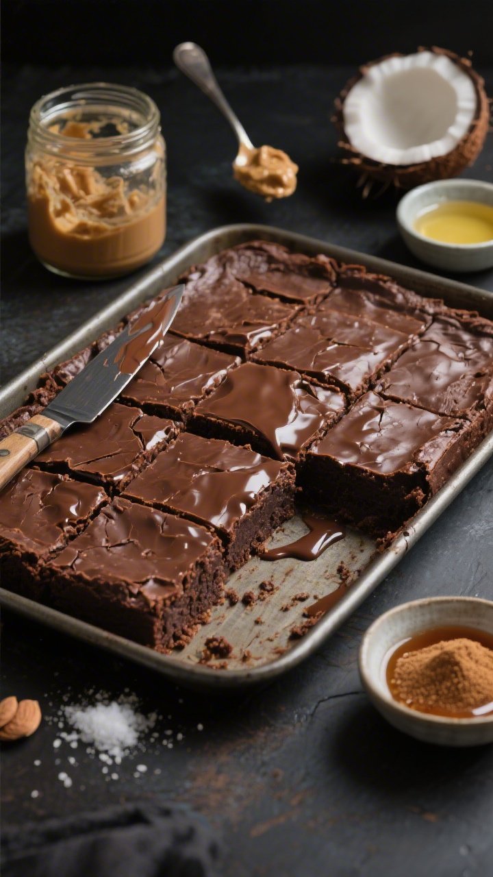 Straight-on brownie tray shot of sourdough discard protein brownies, sliced into neat squares with a glossy, slightly cracked top and super-fudgy interior, a knife with chocolate smears resting on the pan edge; ingredients artfully placed around: a jar of sourdough discard, a spoonful of natural almond butter, a small bowl of melted coconut oil, coconut/brown sugar and maple syrup in tiny dishes, and a pinch of salt; rich, moody lighting to emphasize fudginess without looking chalky.