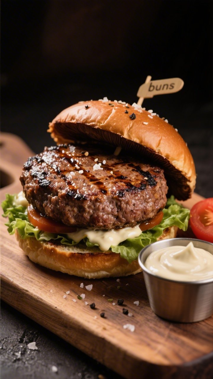 Straight-on burger portrait: juicy 80/20 beef patty with Worcestershire, sandwiched between two roasted portobello “buns,” slicked with garlic aioli; visible grill marks, cracked black pepper and kosher salt on the caps, and lettuce/tomato optional garnish on the side; set on a wooden board with a small ramekin of extra aioli; dramatic side lighting for a steakhouse vibe.