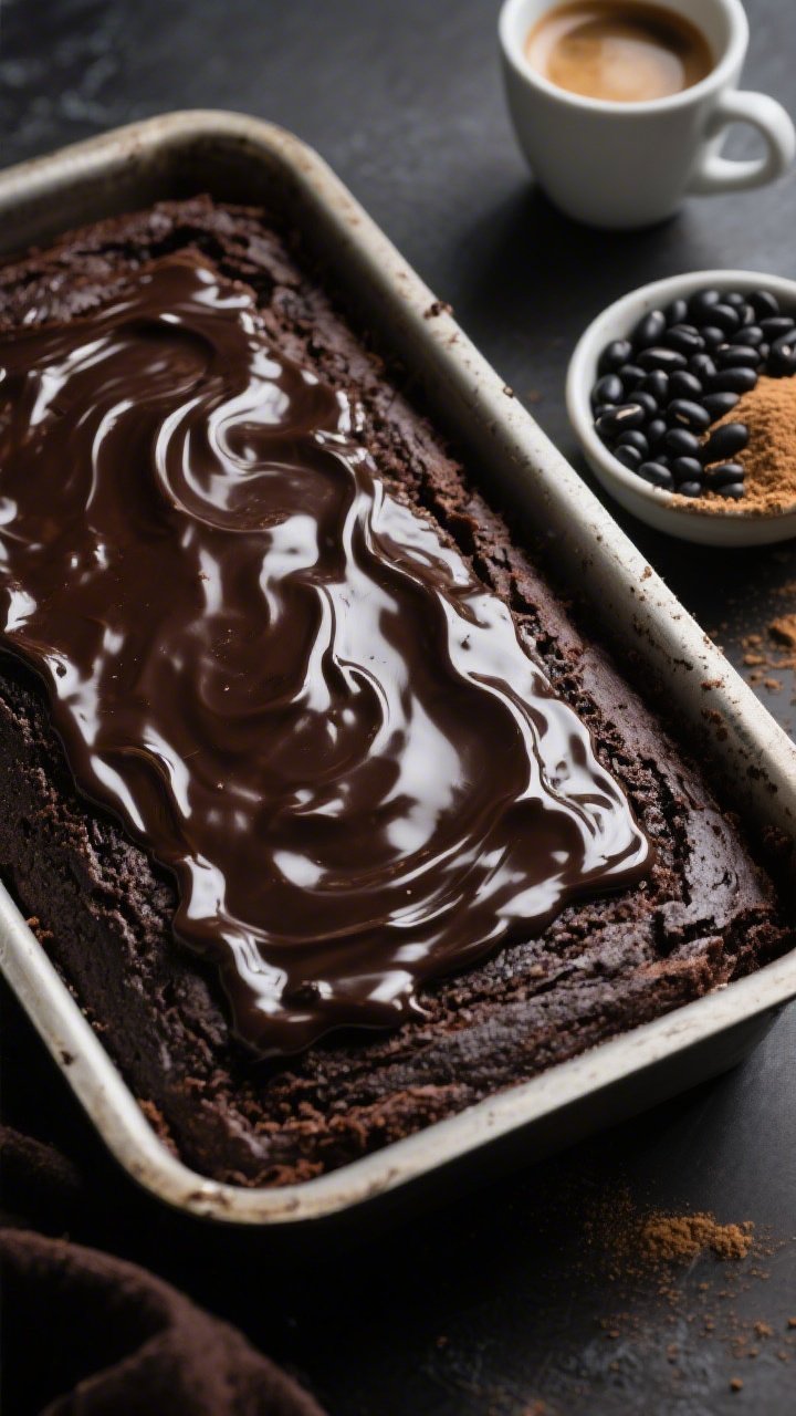 Straight-on close-up of a glossy cocoa black bean sheet cake in a rectangular pan, dark and fudgy crumb with a thin, shiny espresso glaze dripping down the sides; a small bowl of well-rinsed black beans, coconut sugar, and a demitasse of espresso off to the side; subtle yogurt swirl marks visible in the crumb, deep chocolate tones, moody backdrop with controlled highlights.