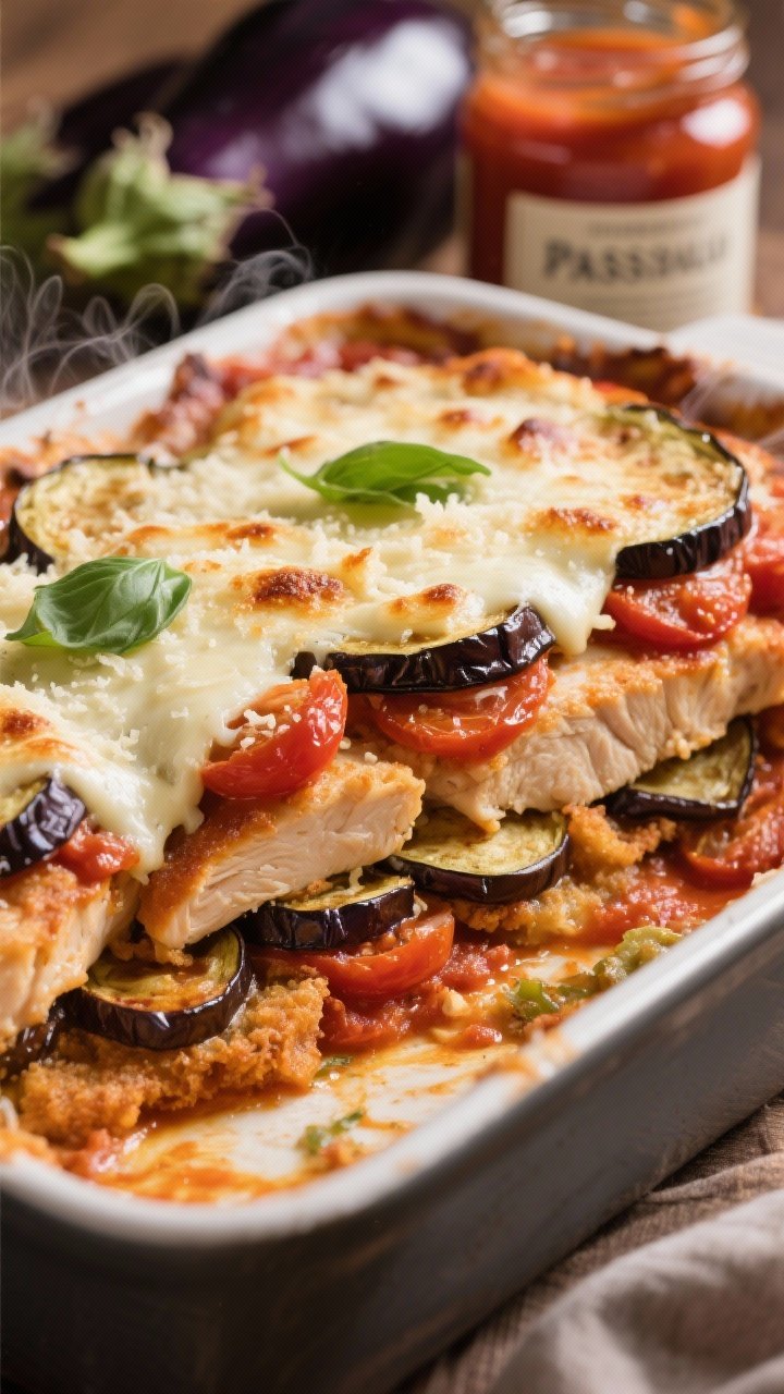 Straight-on close-up of chicken, eggplant, and tomato bake alla Parmigiana: layered fried eggplant rounds, saucy tomatoes, tender chicken cutlets, and generous mozzarella-Parmesan topping, edges caramelized; visible basil leaves between layers; steam softly rising, cheese blistered and glossy; in a rectangular baking dish with a jar of passata and fresh eggplants in the background; warm, rich tones.