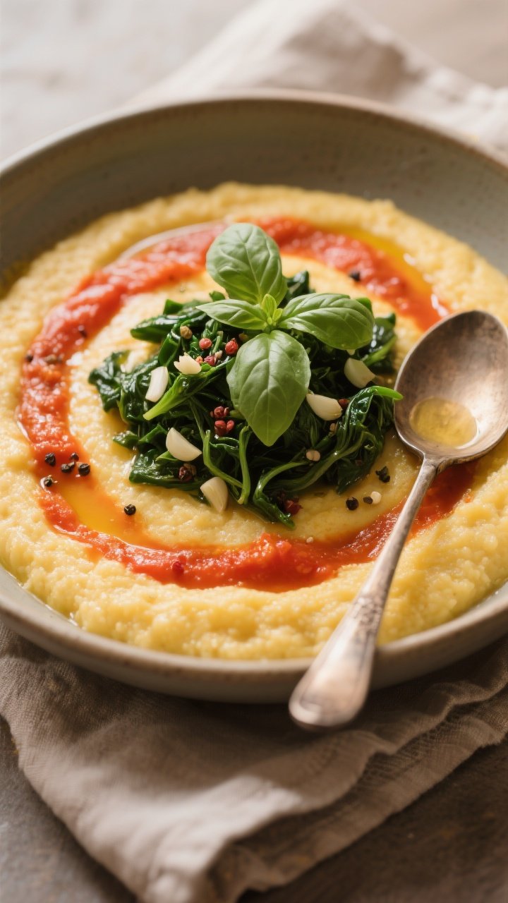 Straight-on cozy plating: a deep bowl of creamy tomato-basil polenta made from medium-grind cornmeal simmered in broth and plant milk, swirled with tomato passata and finished with olive oil; topped with garlicky sautéed greens piled at center, a few basil leaves and cracked pepper; warm, inviting tones, linen napkin and rustic spoon.