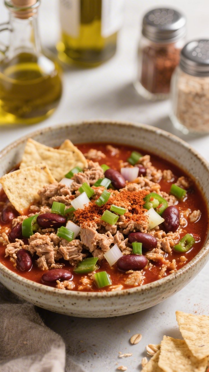 Straight-on, hearty bowl of turkey, pinto, and oatmeal chili: crumbled lean ground turkey mingled with pinto beans and visible tender oatmeal thickening the deep red chili; diced onion, green bell pepper, and garlic pieces throughout; chili powder, cumin, and smoked paprika dusting the surface; topped with sliced green onion and a few crushed tortilla chips; served in a rustic stoneware bowl with an olive oil bottle and spice jars in the background.
