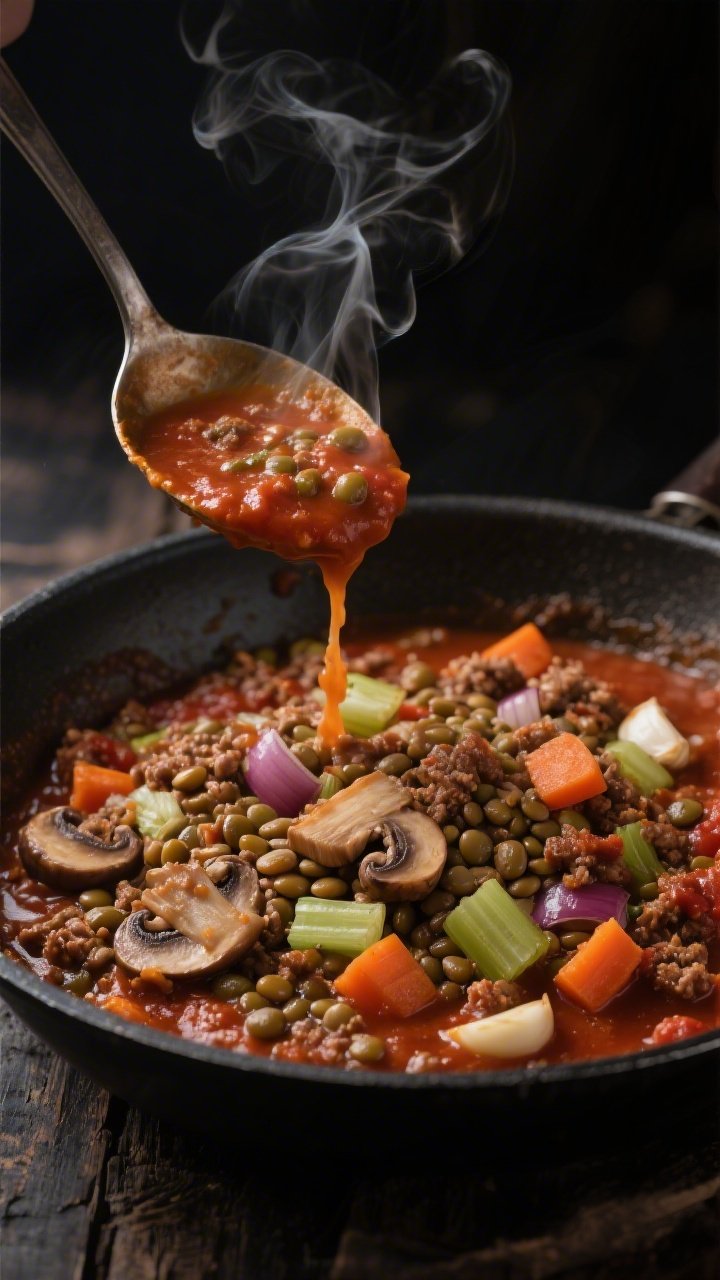 Straight-on, moody skillet shot of one-pot lentil bolognese: minced mushrooms, diced onion, carrot, celery, and garlic sautéed to a deep mahogany, with brown/green lentils simmering in a rich tomato base; visible hearty texture, steam curling upward; a ladle lifting the sauce to showcase thickness; dark rustic backdrop evoking Italian comfort.