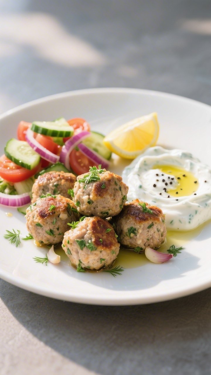 Straight-on plated Greek chicken meatballs: juicy, herb-flecked meatballs (parsley, dill, oregano, garlic, red onion) arranged beside a bright cucumber-tomato salad and a swoosh of thick tzatziki; drizzle of olive oil, lemon wedge, and a dusting of black pepper; cool, natural daylight to emphasize Mediterranean freshness, served on a matte white plate.