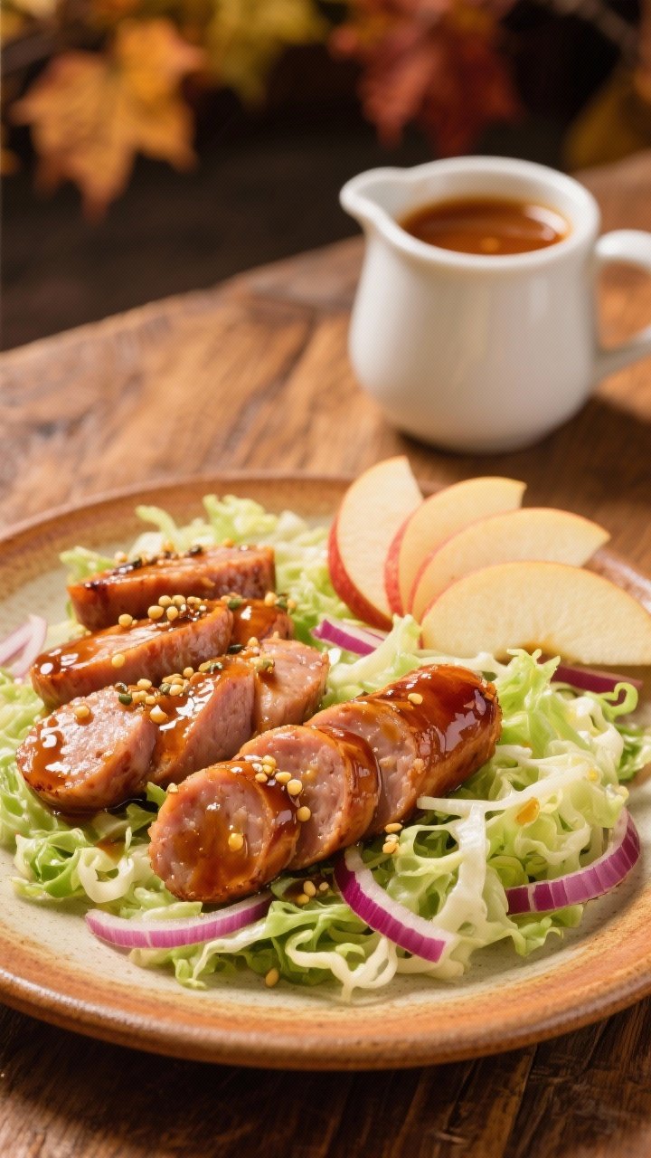 Straight-on plated presentation: maple-Dijon glazed chicken sausage coins nestled with thick-shredded green cabbage, sweet apple slices, and red onion; glossy caramelized edges, visible mustard seeds and syrupy glaze threads; served on a warm ceramic plate, apple slices fanned, a small pitcher of extra maple-Dijon sauce in the background; cozy fall mood, wood table.