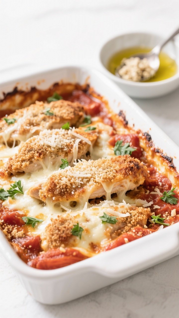 Straight-on plated presentation of baked chicken parmesan casserole: layers of tomato-basil marinara, crispy garlicky breadcrumb-topped chicken pieces, and melted mozzarella with a dusting of Parmesan; visible strands of cheese stretch at the edges, fresh parsley scattered; served in a white baking dish with a side bowl of garlic-olive oil crumbs and a spoon; bright, clean lighting highlighting crunch and gloss.