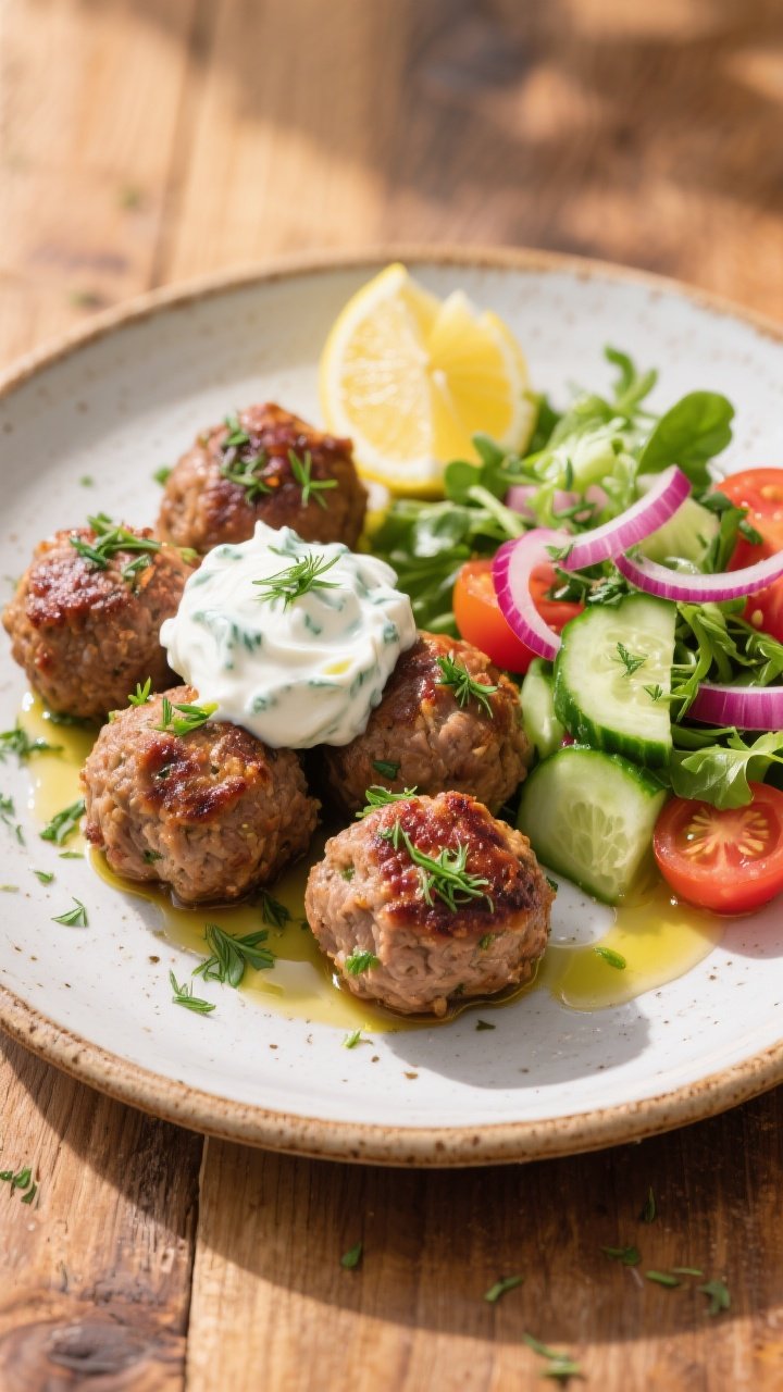 Straight-on plated presentation of Greek Turkey Meatballs with Tzatziki and Spring Salad: browned turkey meatballs flecked with dill, parsley, and red onion, served with a generous dollop of creamy tzatziki. Side salad of crisp cucumbers, cherry tomatoes, red onion slivers, and greens, sprinkled with oregano. Lemon wedges and olive oil drizzle, rustic ceramic plate on a wooden table, bright Mediterranean palette.