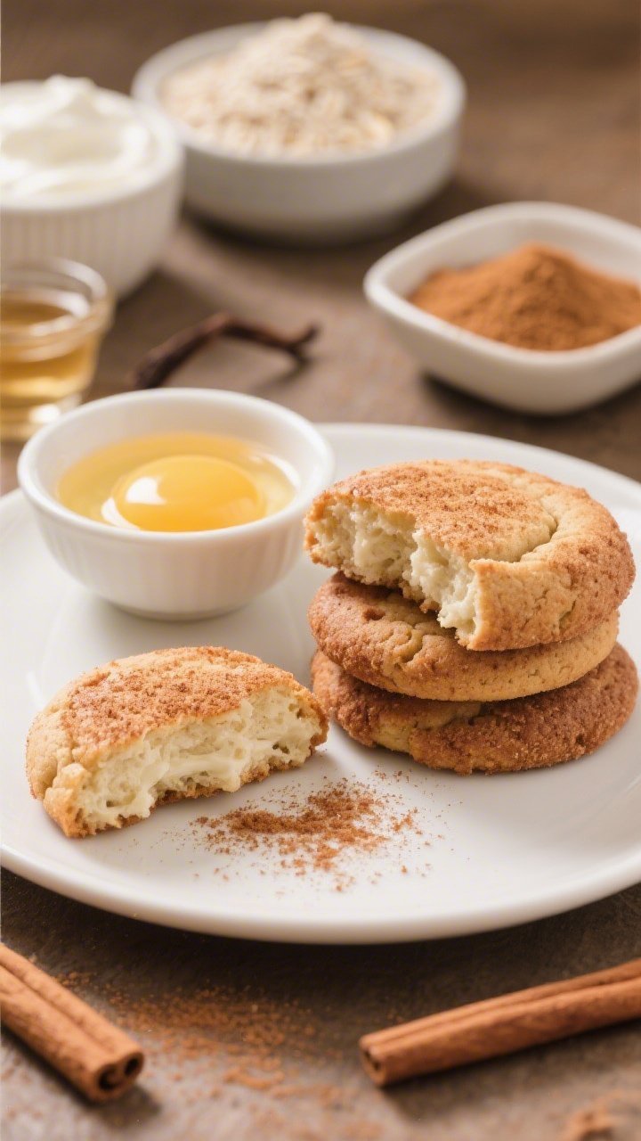 Straight-on plated scene of Cinnamon Snickerdoodle Protein Pillows: thick, sugar-cinnamon coated cookies stacked on a white plate, one split to reveal plush interior; bowls of Greek yogurt, melted butter, light brown sugar, a lone egg yolk, vanilla extract, all-purpose flour and oat flour in the background; a shallow dish of cinnamon-sugar front and center; warm, cozy tones.