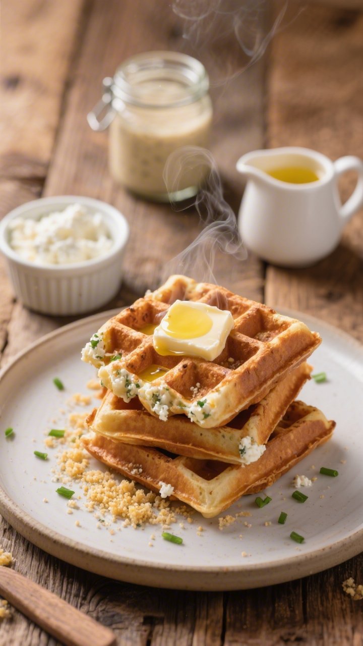 Straight-on plated shot of savory sourdough discard cottage cheese waffles, tall grid pattern with crisp edges and tender interior, steam faintly visible, topped with a pat of butter and a drizzle of olive oil; garnished with a sprinkle of fine cornmeal crumbs for texture and a few chives; include a ramekin of small-curd cottage cheese, a jar of sourdough discard, and a tiny pitcher of melted butter in the background; warm, cozy breakfast mood on a rustic wooden table.